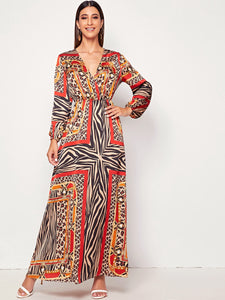 Animal Scarf Print Surplice Neck Maxi Dress