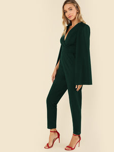 Plunging Neck Cloak Sleeve Solid Jumpsuit