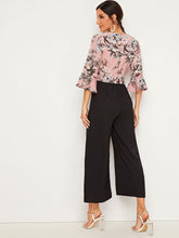 Load image into Gallery viewer, Colorblock Tie Front Ruffle Sleeve Floral Jumpsuit