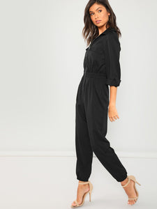 Zip Up Pocket Front Elastic Waist Jumpsuit