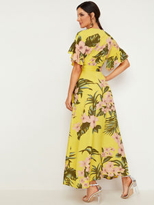 Botanical Print Ruffle Cuff Tie Side Wrap Dress