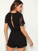 Load image into Gallery viewer, Keyhole Neck Knit Split Back Lace Sleeve Blouson Romper