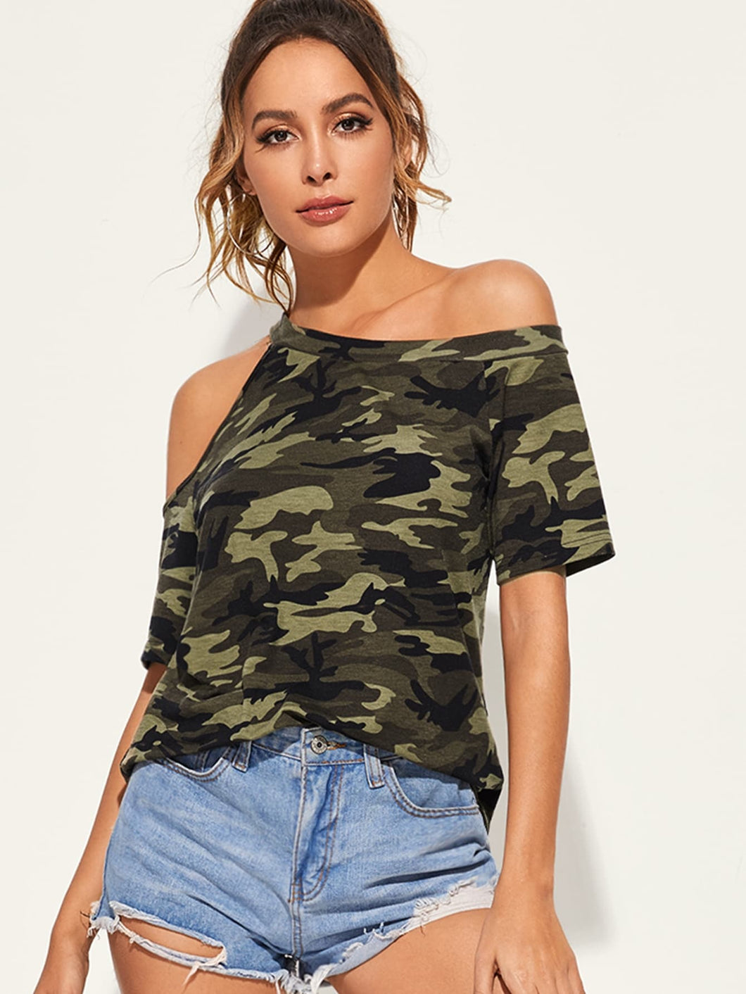 Asymmetrical Neck Camo Print Top