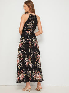 Botanical Print Tie Back High Split Halter Dress