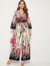 Load image into Gallery viewer, Botanical Print Surplice Neck Bell Sleeve Wide Leg Jumpsuit