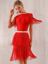 Load image into Gallery viewer, Adyce Mock-neck Fringe Trim Bandage Dress