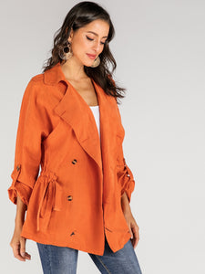 Neon Orange Waterfall Collar Double Button Belted Coat