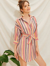 Load image into Gallery viewer, Colorful Striped Belted Notched Shirt Dress