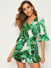 Load image into Gallery viewer, Tropical Print Surplice Neck Belted Blouson Romper