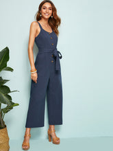 Load image into Gallery viewer, Button Front Belted Wide Leg Slip Jumpsuit