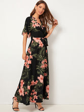 Load image into Gallery viewer, Botanical Print Ruffle Cuff Tie Side Wrap Dress