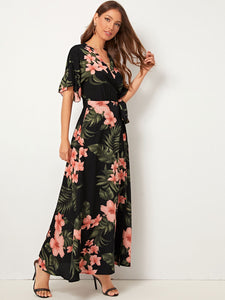 Botanical Print Ruffle Cuff Tie Side Wrap Dress