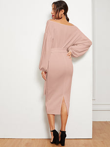 Blouson Sleeve Slit Hem Surplice Bardot Dress