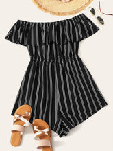 Load image into Gallery viewer, Off Shoulder Flounce Trim Striped Romper