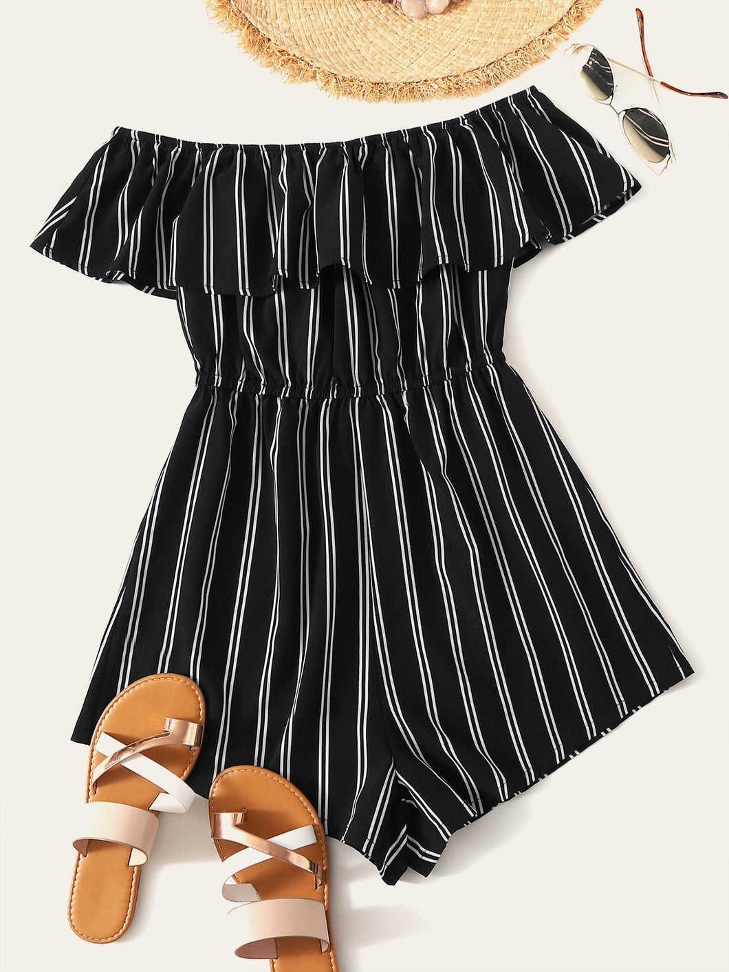 Off Shoulder Flounce Trim Striped Romper