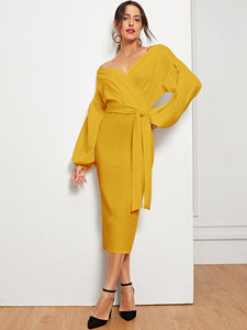 Blouson Sleeve Slit Hem Surplice Bardot Dress