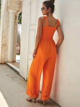 Load image into Gallery viewer, Neon Orange Shirred Knot Wide Leg Jumpsuit