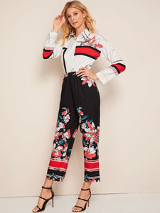 Floral & Stripe Print Shirt Jumpsuit