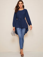 Load image into Gallery viewer, High Low Bishop Sleeve Drop Shoulder Belted Blouse