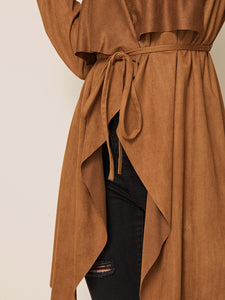 Draped Collar Tie Waist Suede Coat