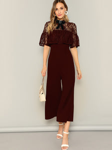 Bow Detail Lace Insert Palazzo Jumpsuit