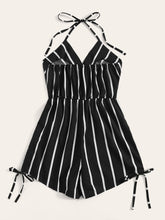 Load image into Gallery viewer, Surplice Striped Drawstring Side Halter Playsuit