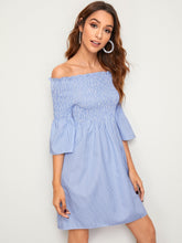 Load image into Gallery viewer, Bardot Flounce Sleeve Striped Frill Trim Shirred Dress