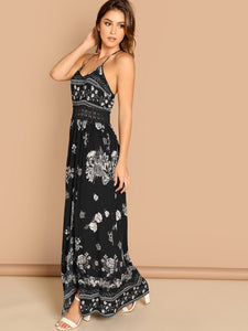 Guipure Lace Insert Split Floral Maxi Cami Dress