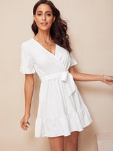 Load image into Gallery viewer, Surplice Wrap Belted Ruffle Hem Dress