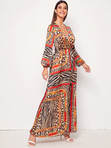 Animal Scarf Print Surplice Neck Maxi Dress