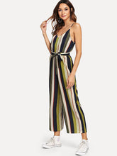 Load image into Gallery viewer, V Neckline Tie Side Striped Jumpsuit