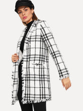 Load image into Gallery viewer, Notch Collar Frayed Edge Plaid Longline Tweed Coat