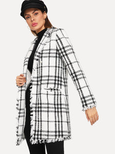 Notch Collar Frayed Edge Plaid Longline Tweed Coat