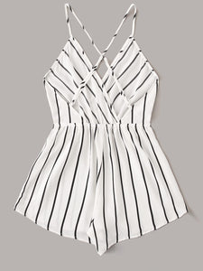 Striped Criss-cross Backless Surplice Neck Romper