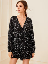 Load image into Gallery viewer, Polka-dot Print Layered Ruffle Belted Romper