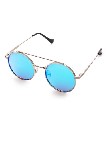 Blue Flat Lens Double Bridge Round Sunglasses