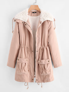 Fleece Lined Pocket Front Drawstring Parka Coat