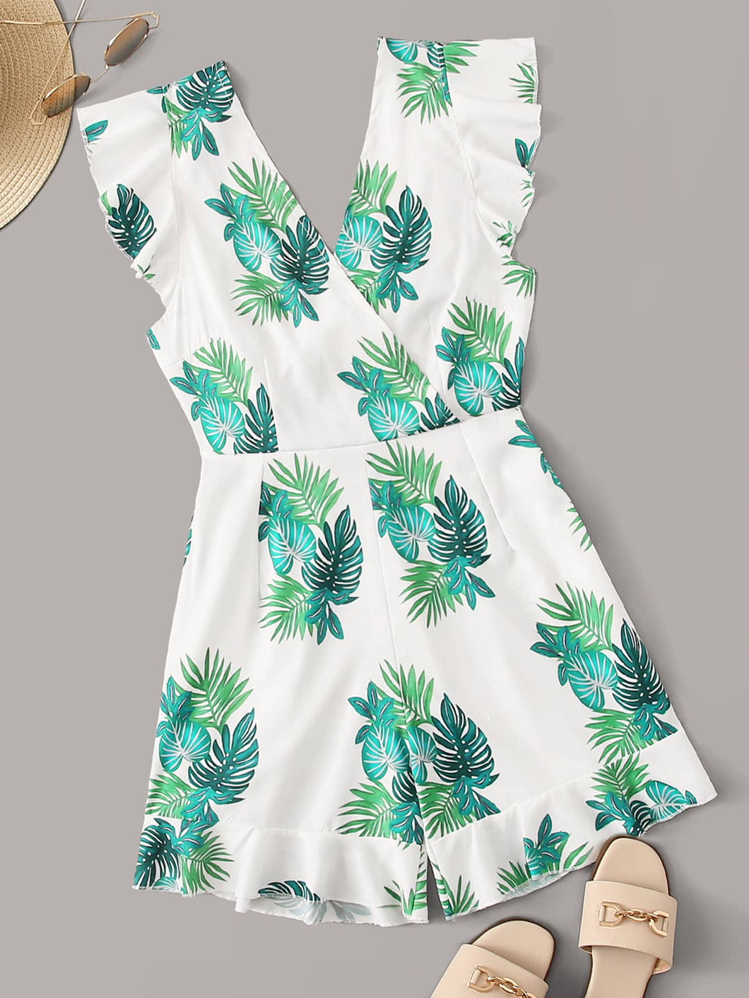 Tropical Print Ruffle Trim Romper