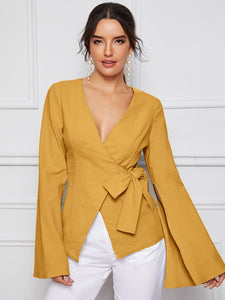 Bell Split Sleeve Surplice Neck Knot Blazer