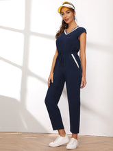 Load image into Gallery viewer, Contrast Striped Trim Drawstring Waist Jumpsuit