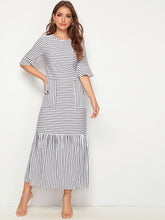 Load image into Gallery viewer, Striped Dual Pocket Ruffle Hem Dress