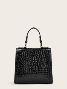 Metal Lock Decor Croc Embossed Satchel Bag