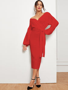 Blouson Sleeve Slit Hem Surplice Bardot Dress