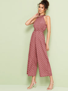 Polka Dot Belted Wide Leg Halter Jumpsuit