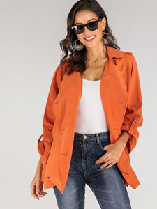 Neon Orange Waterfall Collar Double Button Belted Coat