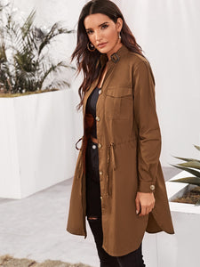 Button Front Drawstring Waist Pocket Patch Coat