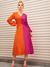 Load image into Gallery viewer, Lantern Sleeve Twist Front Two Tone Dress