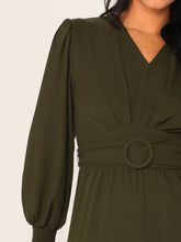 Load image into Gallery viewer, V-neck Shirred Cuff O-ring Belted Jumpsuit