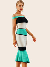 Load image into Gallery viewer, Adyce Color-block Fishtail Hem Bardot Dress