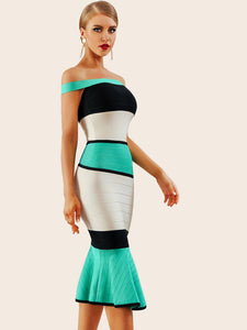 Adyce Color-block Fishtail Hem Bardot Dress